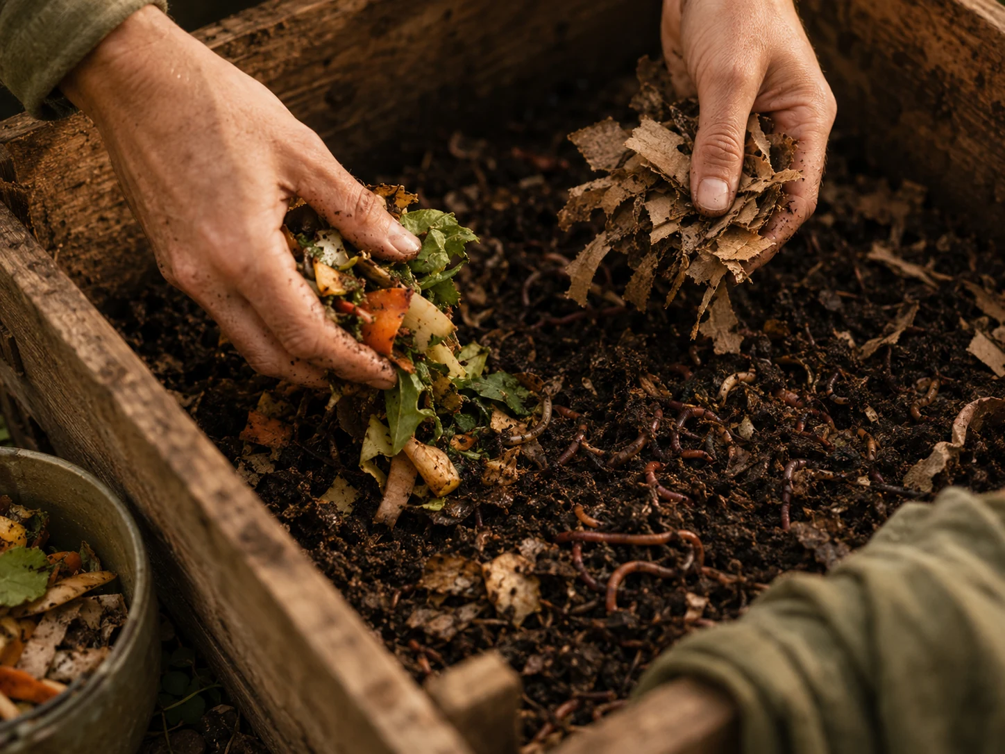 Hands adding scraps and cardboard into a worm bin