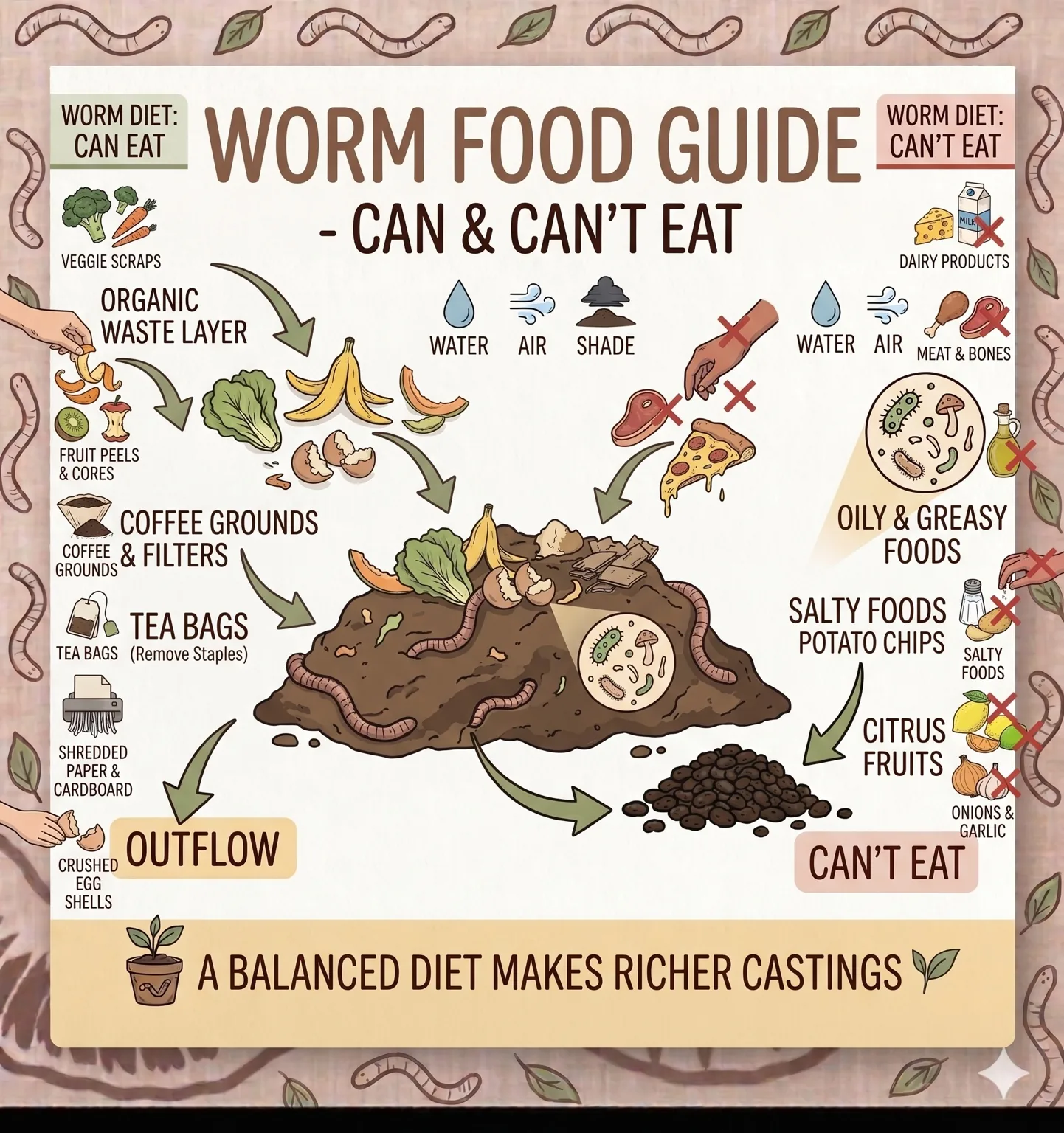 Worm food guide showing what worms can and cannot eat